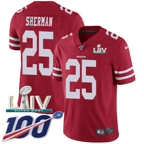 San Francisco 49ers Nike 25 Richard Sherman Red Super Bowl LIV 2020 Team Color Youth Stitched NFL 100th Season Vapor Limited Jersey